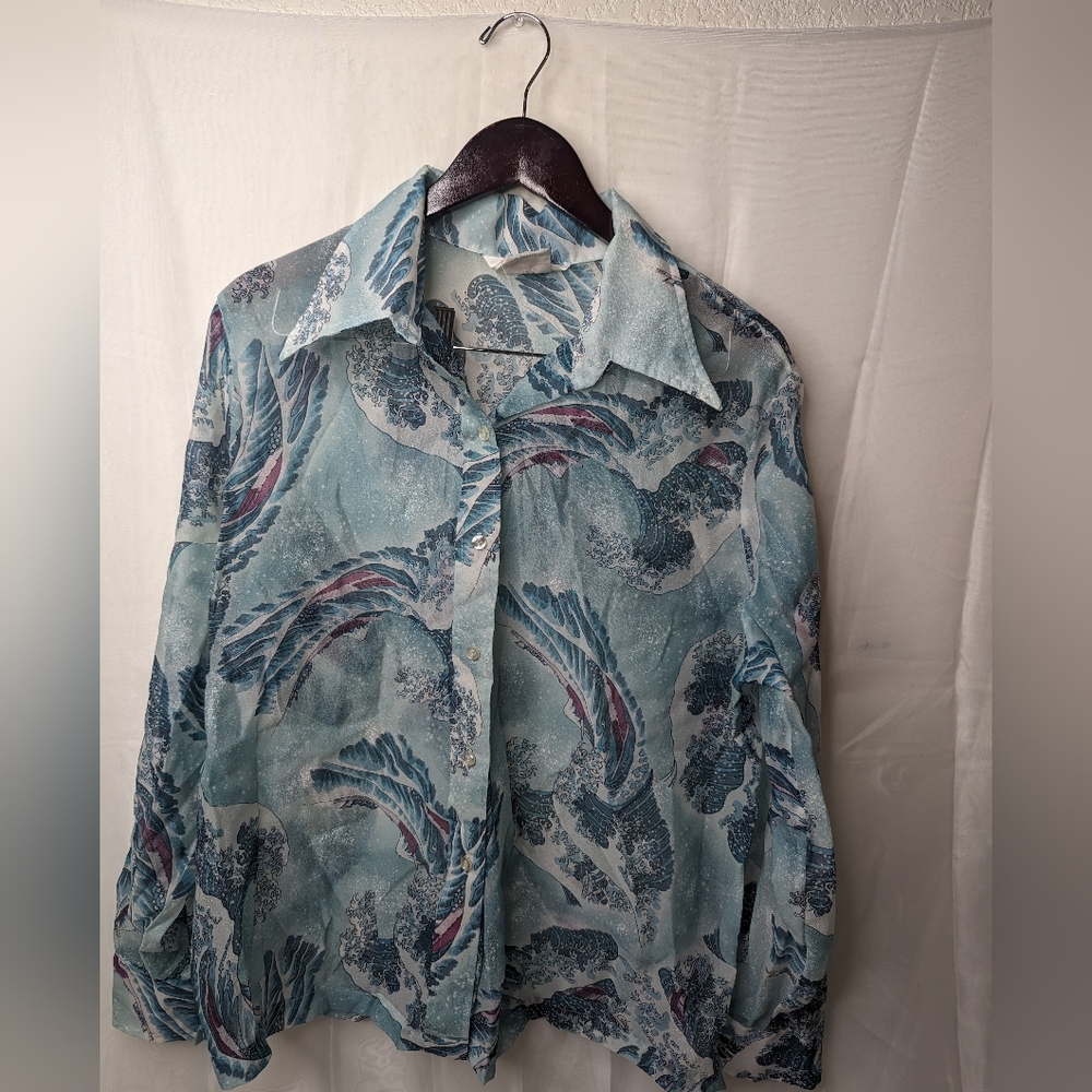 Dearborn Great Wave Blue Water  Sheer Button Blouse Women Size 42 Large Art Ho